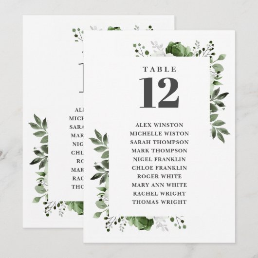 Tableau de numéros de table à fleurs vert olive (Devant / Derrière)