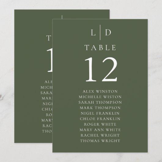 Tableau de numéros de table à monogramme vert oliv (Devant / Derrière)