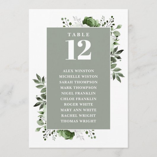 Tableau de numéros de table floraux vert sauge pou (Devant)