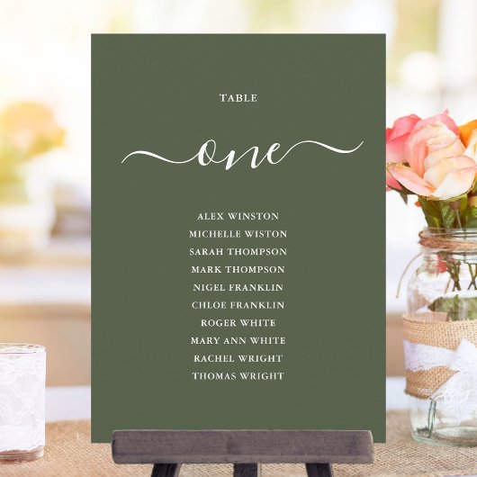 Tableau de numéros de table vert olive pour plan d