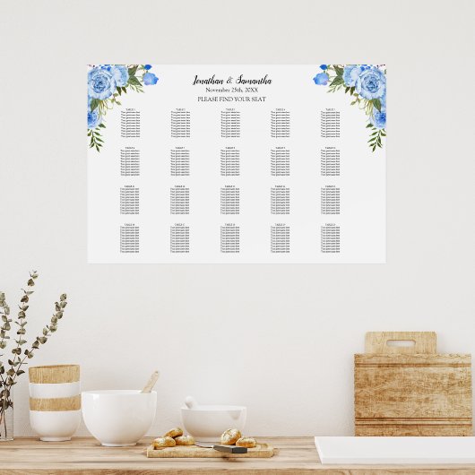 Tableau de placement 20 tables Mariage Fleurs Bleu (Cuisine)