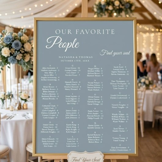 Tableau de placement alphabétique de mariage bleu