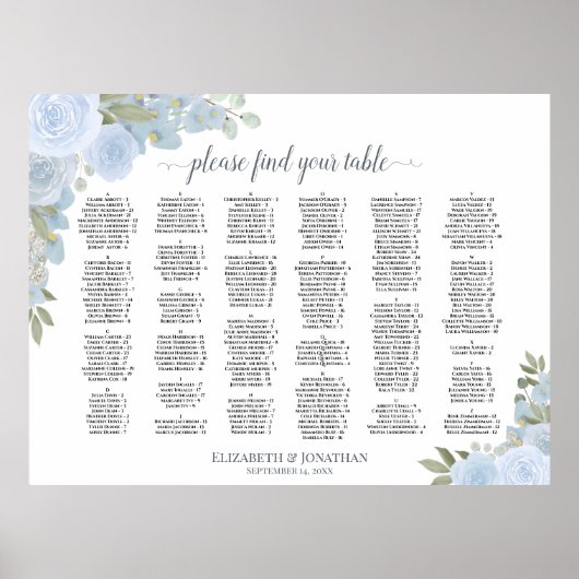 Tableau de placement alphabétique de roses bleues (Devant)