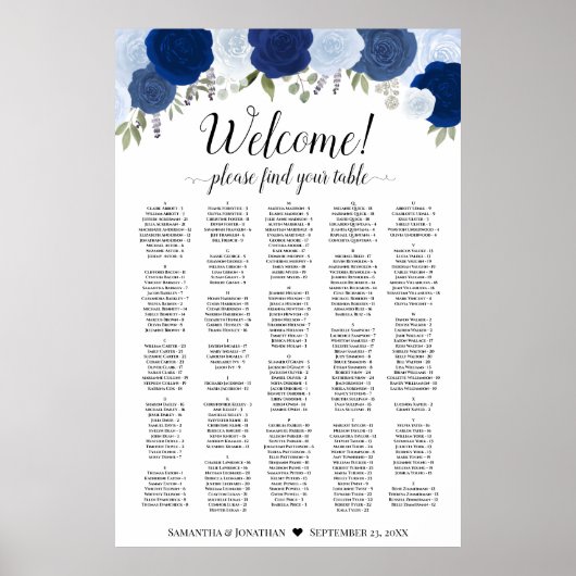 Tableau de placement alphabétique de roses bleues (Devant)