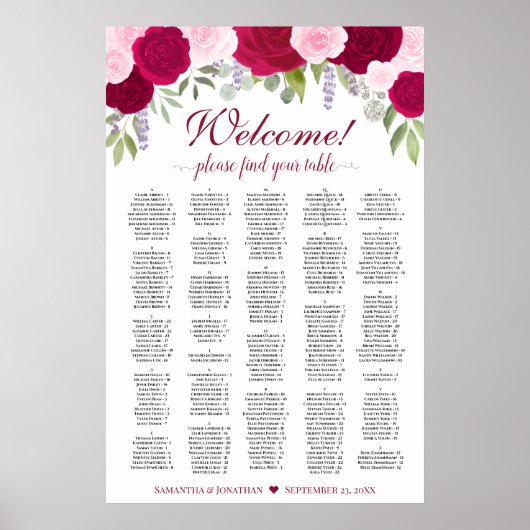 Tableau de placement alphabétique de roses boho ro (Devant)