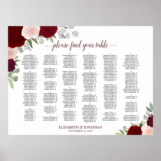 Tableau de placement alphabétique de roses boho ro (Devant)