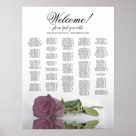 Tableau de placement alphabétique élégant rose pou (Devant)