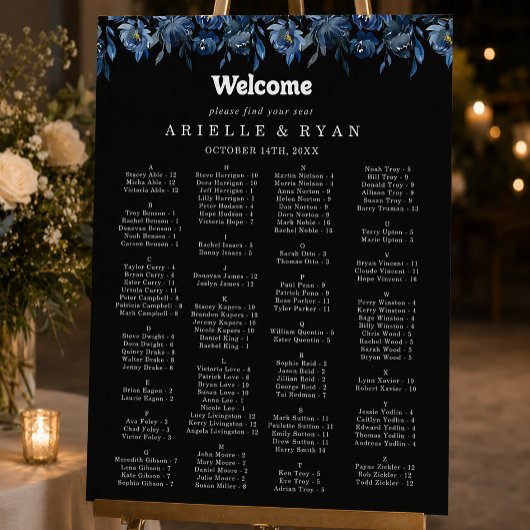 Tableau de placement alphabétique floral bleu de l