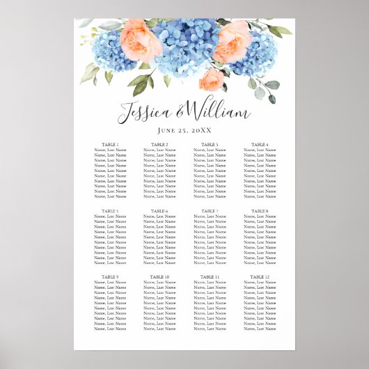 Tableau de placement Bleu Hydrangea Blush Rose 12 (Devant)