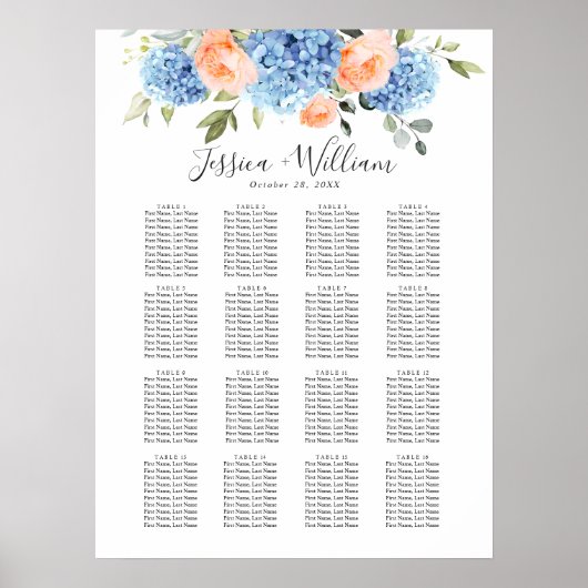Tableau de placement Bleu Hydrangea Blush Rose 15 (Devant)