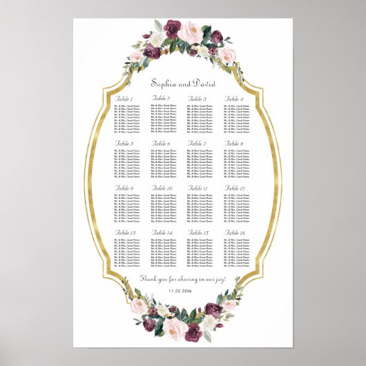 Tableau de placement charmant or burgundy blush fl (Devant)