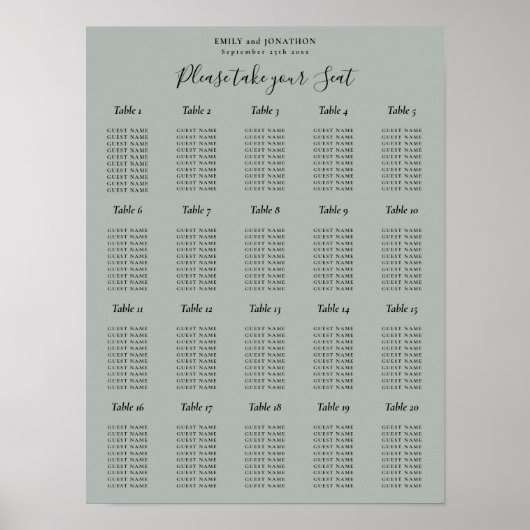 Tableau de placement de 20 tables Vert sauge (Devant)