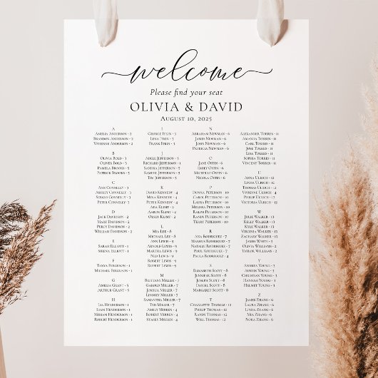 Tableau de placement de bienvenue alphabétique en