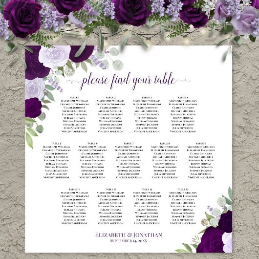 Tableau de placement de mariage 13 tables Roses Bo