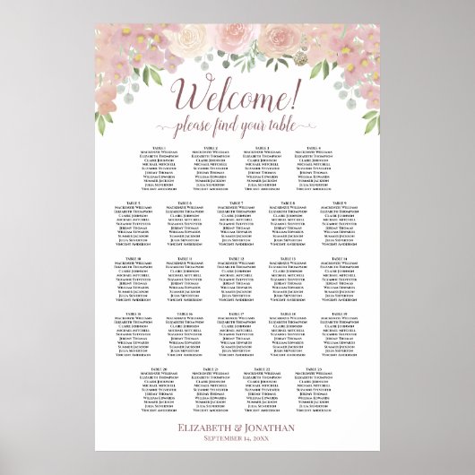 Tableau de placement de mariage 23 tables Roses ro (Devant)