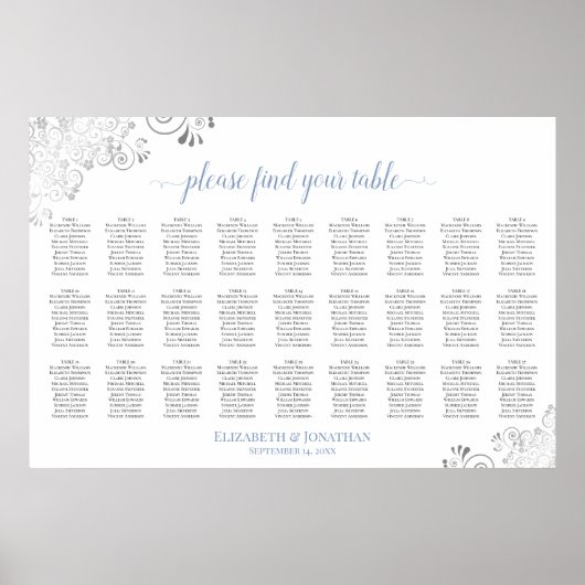 Tableau de placement de mariage 27 tables Bleu pou (Devant)