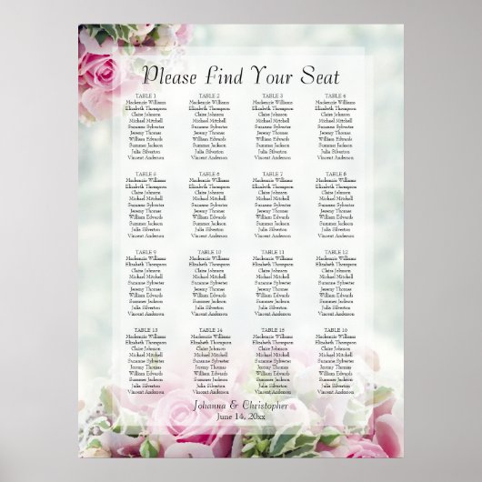 Tableau de placement de mariage à 16 tables Roses (Devant)