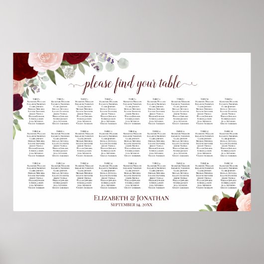 Tableau de placement de mariage à 27 tables avec r (Devant)