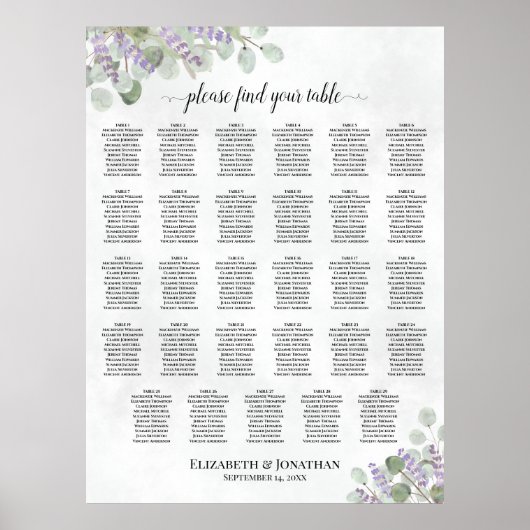 Tableau de placement de mariage à 29 tables Lavand (Devant)