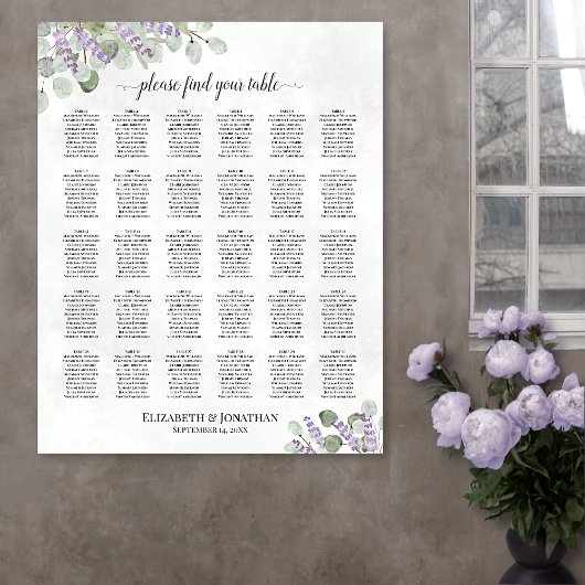 Tableau de placement de mariage à 30 tables Lavand