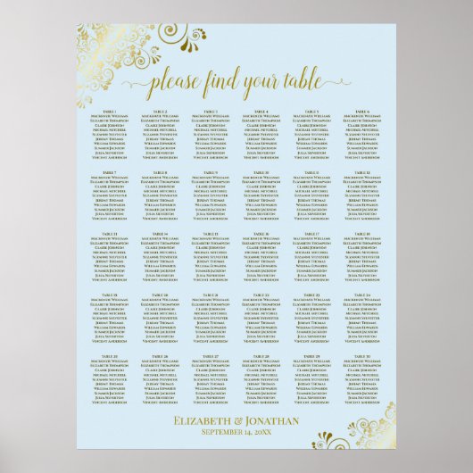 Tableau de placement de mariage à 30 tables Or et (Devant)