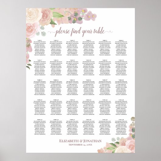 Tableau de placement de mariage à 30 tables Roses (Devant)
