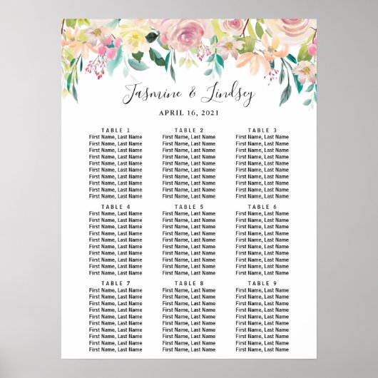 Tableau de placement de mariage à 9 tables Floral (Devant)