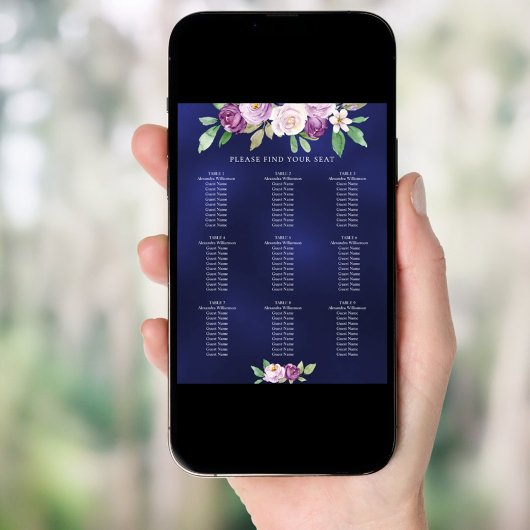 Tableau de placement de mariage à fleurs violet bl
