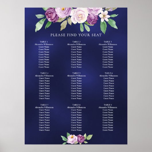 Tableau de placement de mariage à fleurs violet bl (Devant)