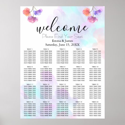 Tableau de placement de mariage à l'aquarelle rose (Devant)