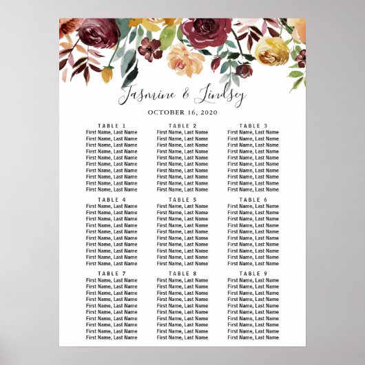 Tableau de placement de mariage à neuf tables avec (Devant)