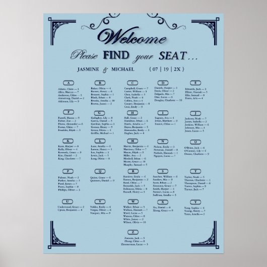Tableau de placement de mariage alphabétique bleu  (Devant)