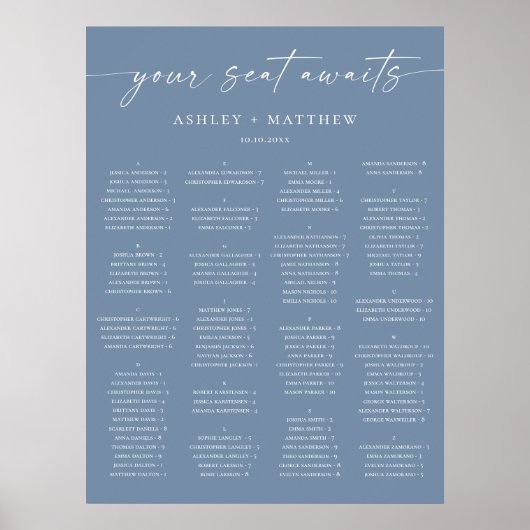 Tableau de placement de mariage alphabétique bleu  (Devant)