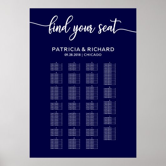 Tableau de placement de mariage alphabétique bleu (Devant)