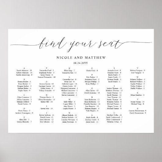 Tableau de placement de mariage alphabétique éléga (Devant)
