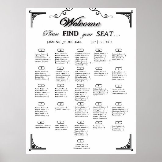 Tableau de placement de mariage alphabétique noir (Devant)