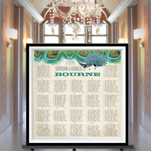 Tableau de placement de mariage aux plumes de paon