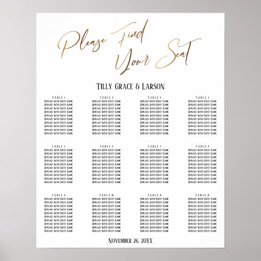 Tableau de placement de mariage avec écriture manu (Devant)