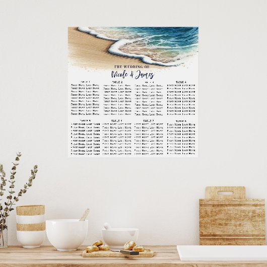 Tableau de placement de mariage côtier avec vagues (Cuisine)