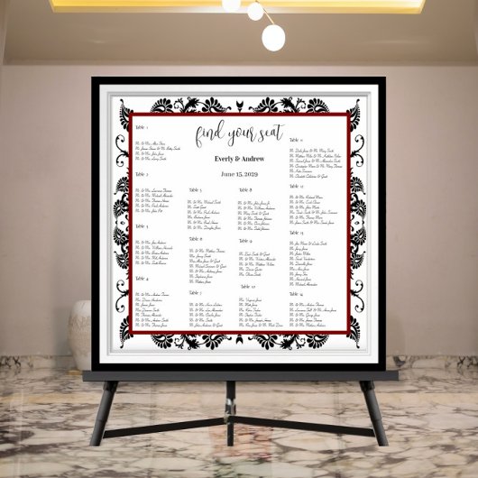 Tableau de placement de mariage en damas noir bord