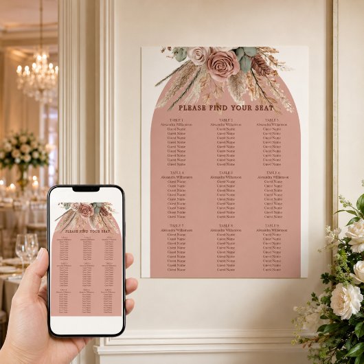 Tableau de placement de mariage en herbe de pampa