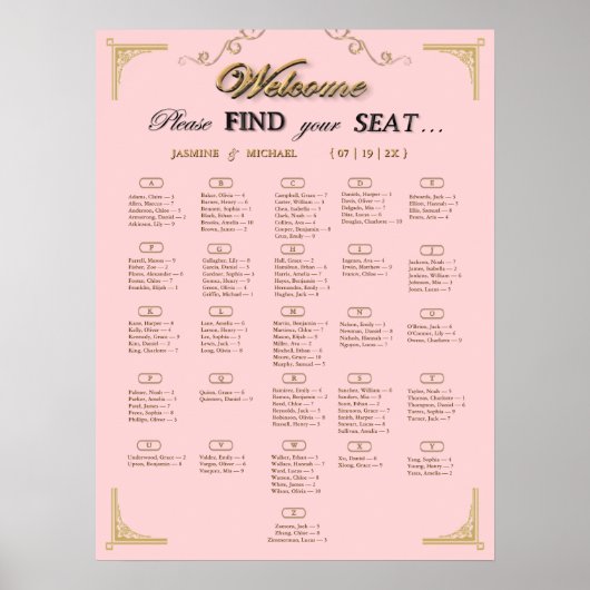 Tableau de placement de mariage en rose champagne (Devant)