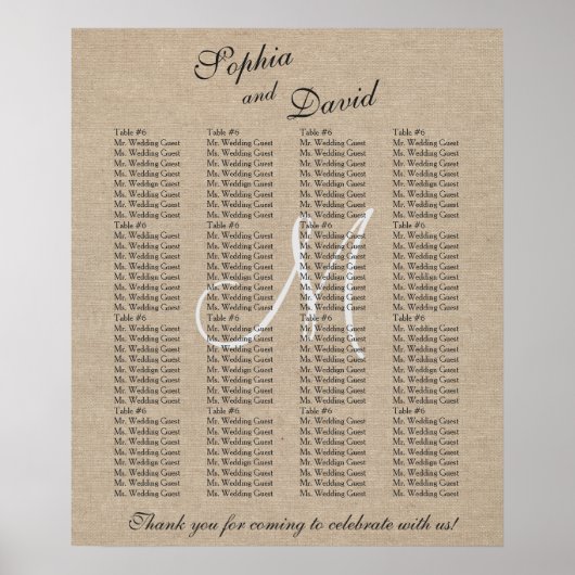 Tableau de placement de mariage en toile de lin ru (Devant)