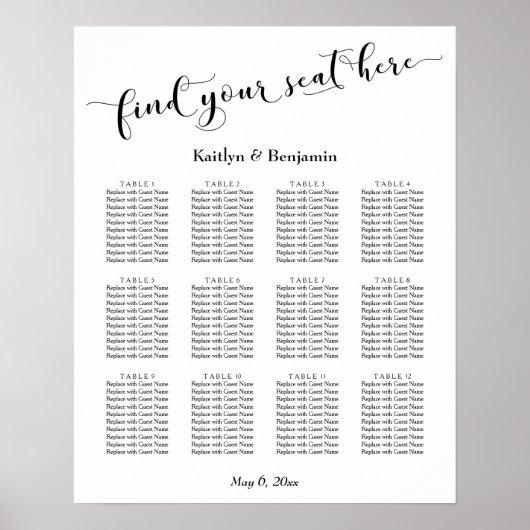 Tableau de placement de mariage en typographie bla (Devant)
