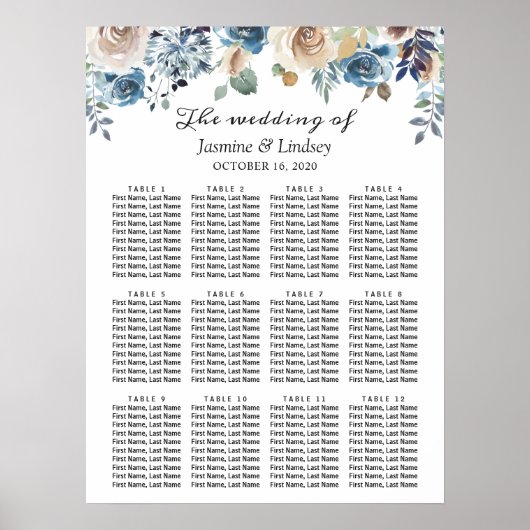 Tableau de placement de mariage floral bleu poussi (Devant)