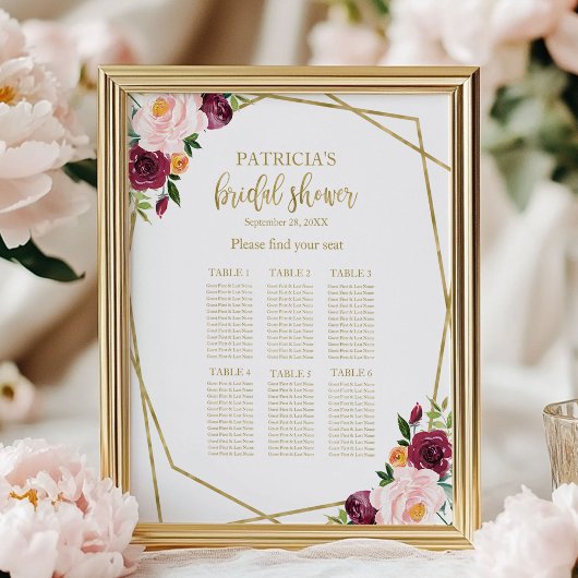 Tableau de placement de mariage floral bordeaux ro