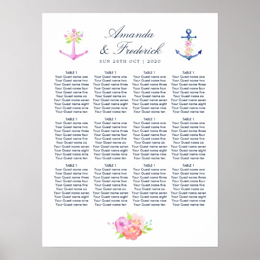 Tableau de placement de mariage floral nautique à (Devant)