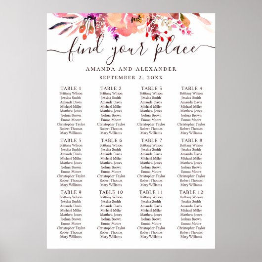 Tableau de placement de mariage floral rose aquare (Devant)
