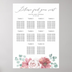 Tableau de placement de mariage floral rose poussi