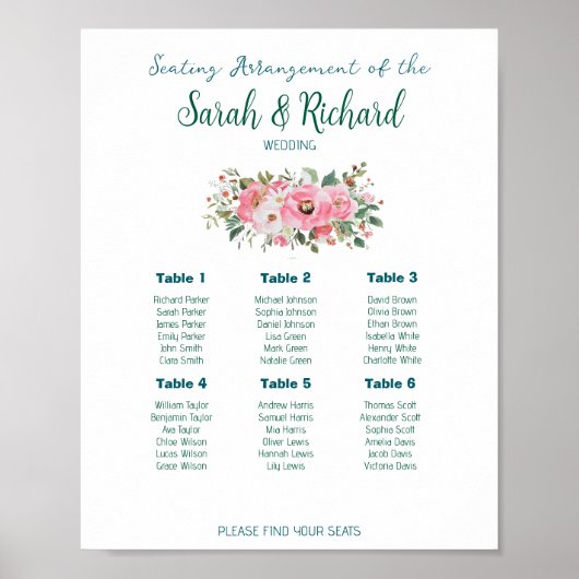 Tableau de placement de mariage floral rose vif (Devant)